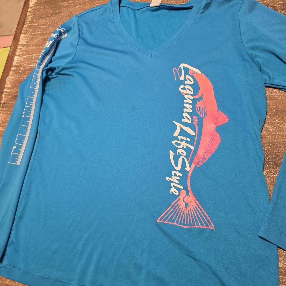 Sport-Tek Blue Long Sleeve Tee with Pink Graphic Perfect for fishing enthusiasts